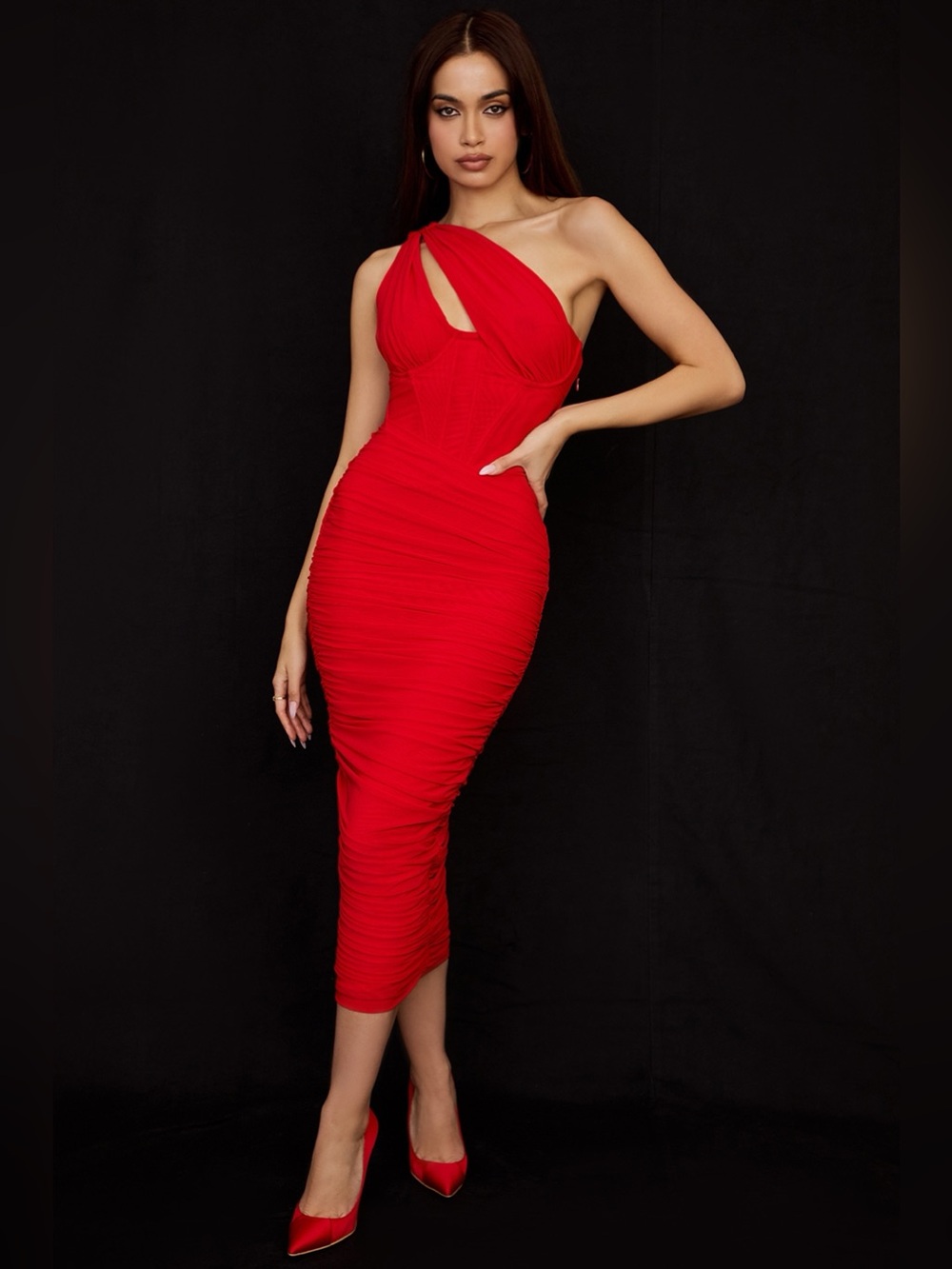 House of CB Valentina Asymmetric Cutout One-shoulder Midi Dress In Red size XS